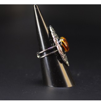 Bague réglable inoxydable martelé avec cabochon en verre filé – bijou artisanal fait main Liloo Créations