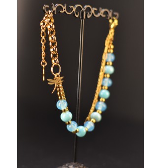 Bracelet multirangs bleu clair en verre filé – Acier inoxydable doré