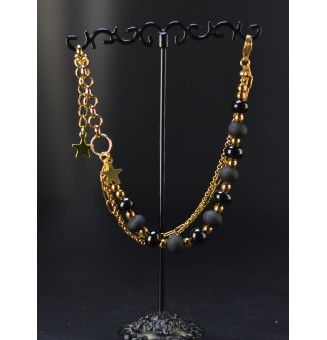Bracelet multirangs noir en verre filé – Mat et brillant – Acier inoxydable doré