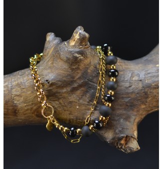 Bracelet multirangs noir en verre filé – Mat et brillant – Acier inoxydable doré