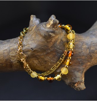 Bracelet multirangs  ambre et jaune en verre filé – Acier inoxydable doré