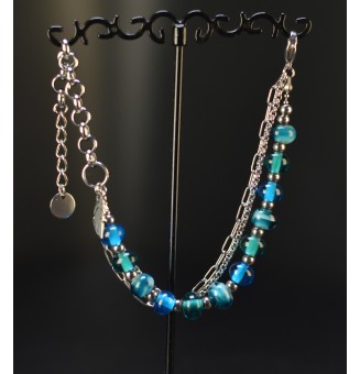 Bracelet multirangs bleu et vert en verre filé – Acier inoxydable argenté