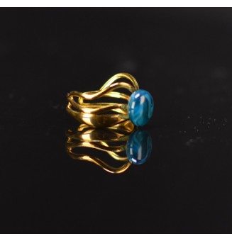 Bague bleu pétrole triple anneau en verre filé – Acier inoxydable doré