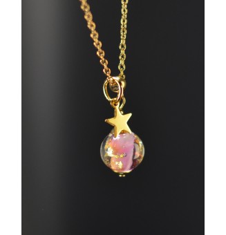 Collier court rose avec feuille d’or en verre filé – Étoile – Acier inoxydable doré