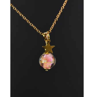 Collier court rose avec feuille d’or en verre filé – Étoile – Acier inoxydable doré