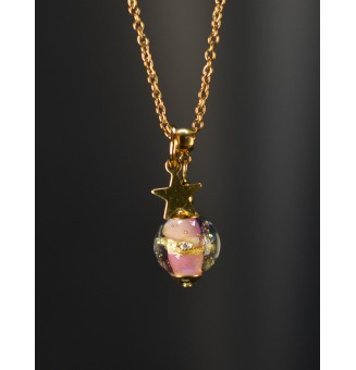 Collier court rose avec feuille d’or en verre filé – Étoile – Acier inoxydable doré