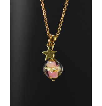 Collier court rose avec feuille d’or en verre filé – Étoile – Acier inoxydable doré