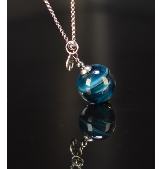 Collier long bleu pétrole en verre filé – Acier inoxydable argenté – 74 cm