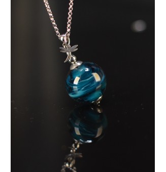 Collier long bleu pétrole en verre filé – Acier inoxydable argenté – 74 cm