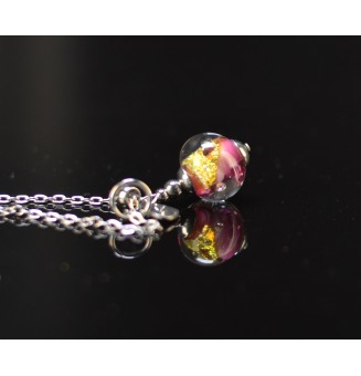 Collier court rose avec feuille d’or en verre filé – Fleur – Acier inoxydable argenté