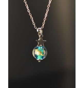 Collier court bleu vert avec feuille d’or en verre filé – Étoile – Acier inoxydable argenté