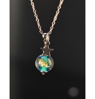 Collier court bleu vert avec feuille d’or en verre filé – Étoile – Acier inoxydable argenté