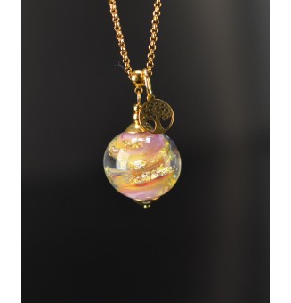 Collier long rose avec feuille d’or et arbre de vie – Acier inoxydable doré
