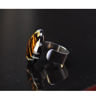Bague Léopard en verre filé – Acier inoxydable argenté – Réglable
