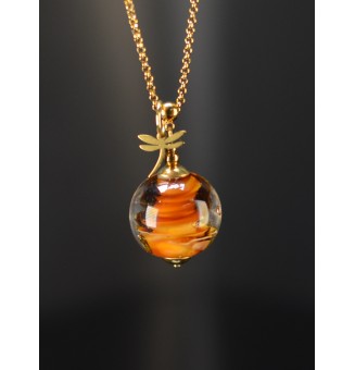 Collier long ambré avec libellule en verre filé – Acier inoxydable doré