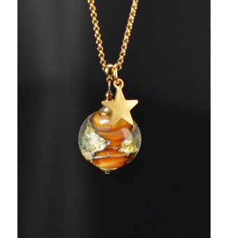 Collier long ambré avec feuille d’or et étoile en verre filé – Acier inoxydable doré