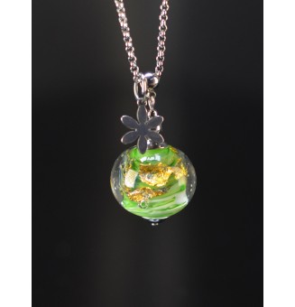 Collier long vert Rosetta avec feuille d’or et fleur – Acier inoxydable argenté