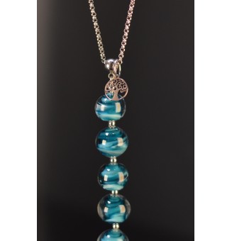 Collier long Éclat de Joie bleu pétrole avec Arbre de Vie – Acier inoxydable argenté