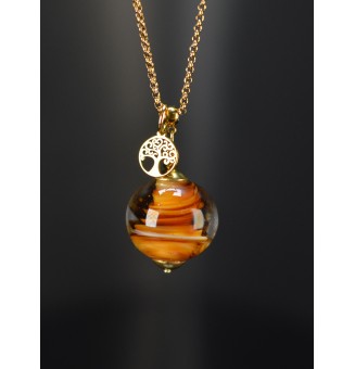 Collier long ambré avec Arbre de Vie – Acier inoxydable doré