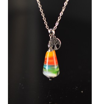 Collier court argenté avec perle multicolore et arbre de vie – Verre filé artisanal