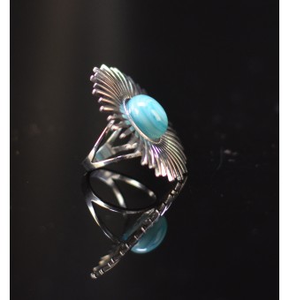 Bague Soleil argentée avec cabochon bleu océan en verre filé – Réglable