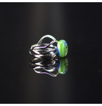 Bague triple argentée avec perle bleu et vert en verre filé – Acier inoxydable