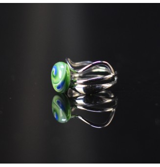 Bague triple argentée avec perle bleu et vert en verre filé – Acier inoxydable