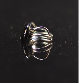 Bague triple argentée réglable avec perle noire et transparente en verre filé