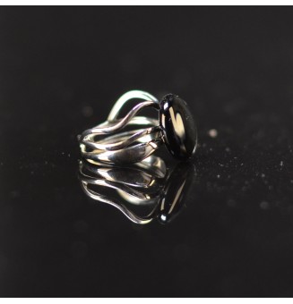 Bague triple argentée réglable avec perle noire et transparente en verre filé