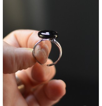 Bague triple argentée réglable avec perle noire et transparente en verre filé