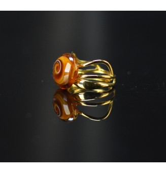 Bague triple dorée réglable avec perle plate ambrée en verre filé