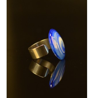 Bague en verre filé bleu intense et blanc – Acier inoxydable
