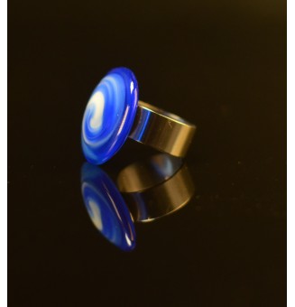Bague en verre filé bleu intense et blanc – Acier inoxydable