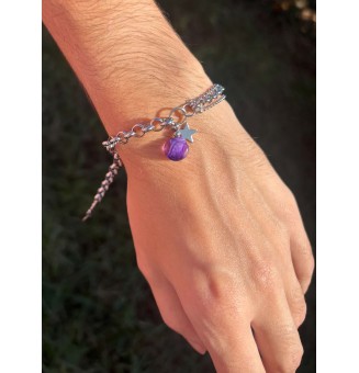 Bracelet multirangs bleu à nuances en verre filé avec étoile – Acier inoxydable argenté