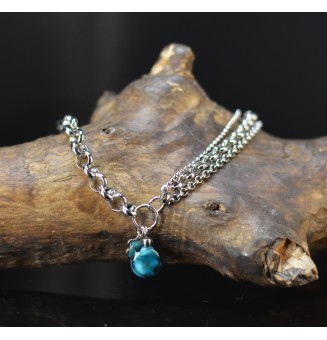 Bracelet multirangs bleu pétrole en verre filé avec fleur – Acier inoxydable argenté