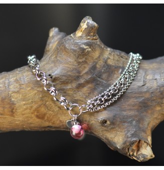 Bracelet multirangs rose en verre filé avec cœur – Acier inoxydable argenté
