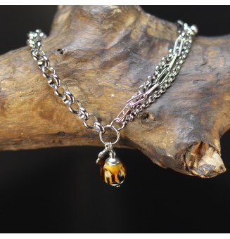 Bracelet multirangs léopard en verre filé avec fleur – Acier inoxydable argenté