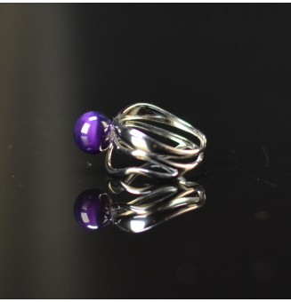 Bague triple réglable argentée avec perle violette en verre filé – Acier inoxydable