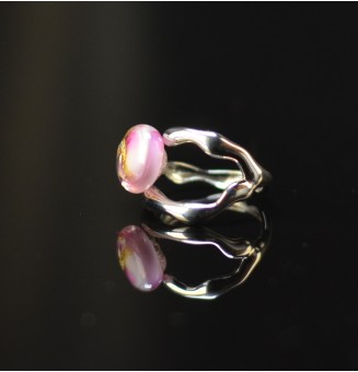 Bague rose avec feuille d’or en verre filé – Acier inoxydable – Réglable
