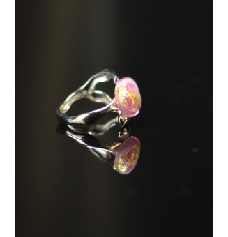 Bague rose avec feuille d’or en verre filé – Acier inoxydable – Réglable