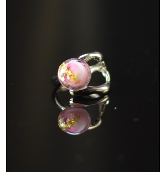 Bague rose avec feuille d’or en verre filé – Acier inoxydable – Réglable