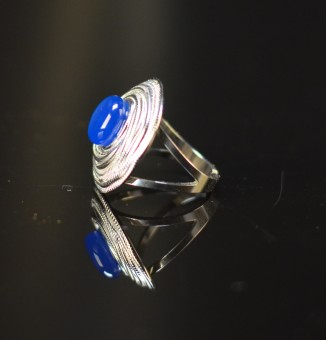 Bague bleu soutenu en verre filé – Acier inoxydable argenté – Réglable