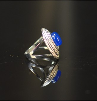 Bague bleu soutenu en verre filé – Acier inoxydable argenté – Réglable