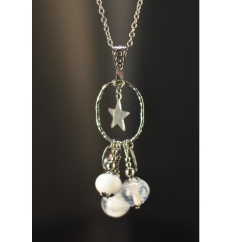 Collier long Trio Enchanté blanc – Trois perles en verre filé et étoile argentée