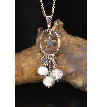 Collier long Trio Enchanté blanc – Trois perles en verre filé et étoile argentée