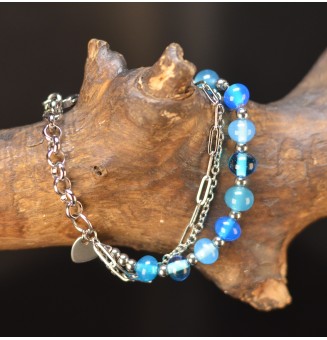 Bracelet multirangs bleu dégradé en verre filé – Acier inoxydable argenté
