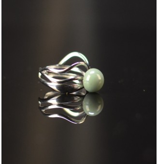 Bague triple réglable argentée avec perle vert kaki en verre filé – Acier inoxydable