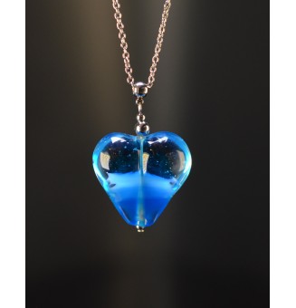 Collier gros cœur bleu dégradé en verre filé – Acier inoxydable argenté