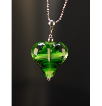 Collier gros cœur vert Rosetta en verre filé – Acier inoxydable argenté