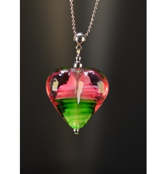 Collier gros cœur vert Rosetta et rose en verre filé – Acier inoxydable argenté